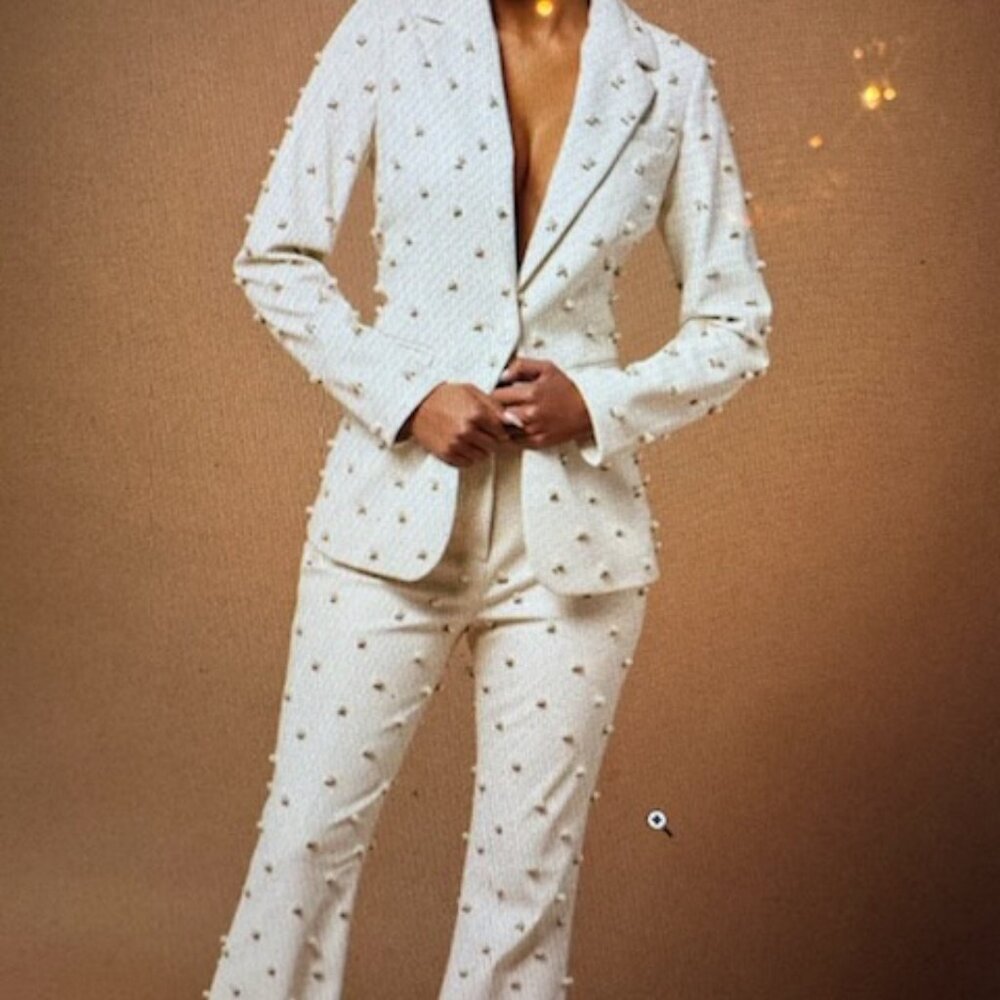 Faux Leather Cream Pearl Suit